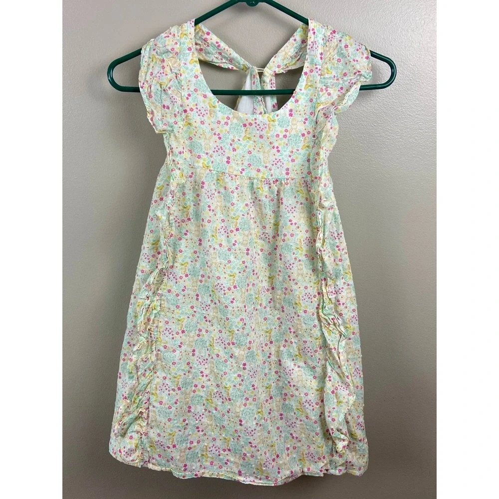 Shabby‎ Chic Girls Floral Bunny Swiss Dot Ruffle Dress Pastel Pink Yellow Size 7